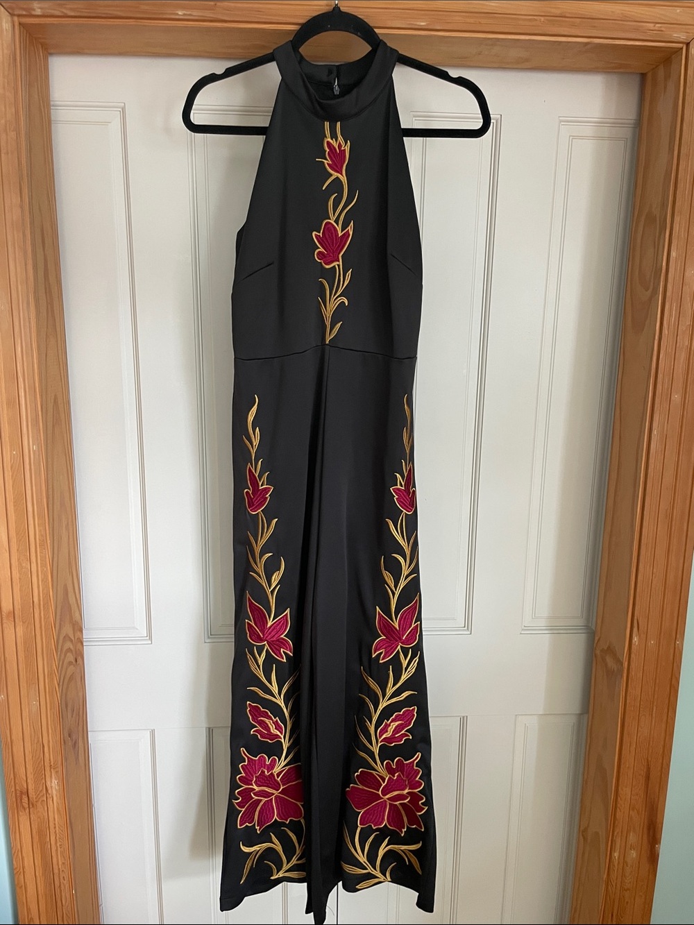 Dalia MacPhee Black Halter Jumpsuit with Red Floral Embroidery
